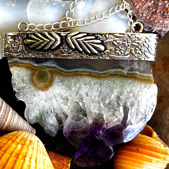 Artisan Sterling Silver Purple Raw Amethyst Geode Pendant Necklace - Picture 1 of 9